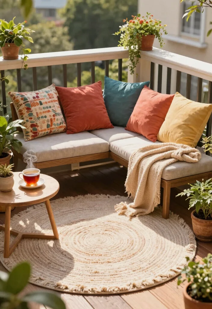 16 Terrace Ideas for Small Balcony Design That Feel Spacious - 7. Bring in Cozy Textiles 1
