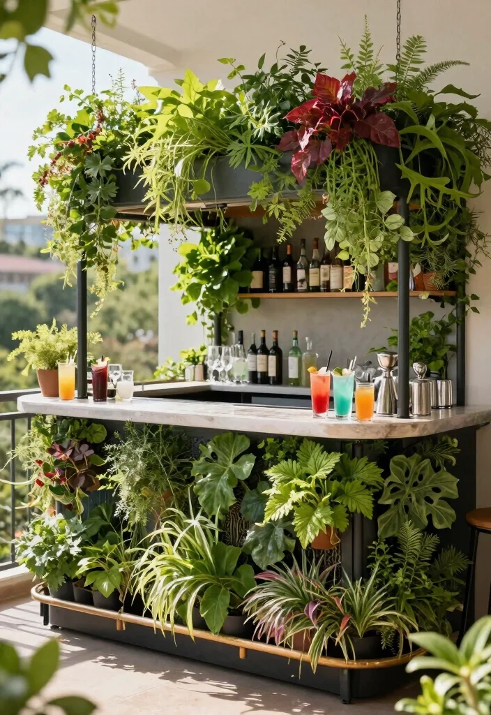 17 Bar Unit in Balcony Ideas for Stylish Entertaining - 11. Greenery-Infused Bar Unit 1