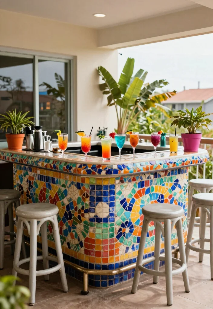 17 Bar Unit in Balcony Ideas for Stylish Entertaining - 7. Colorful Mosaic Bar 1