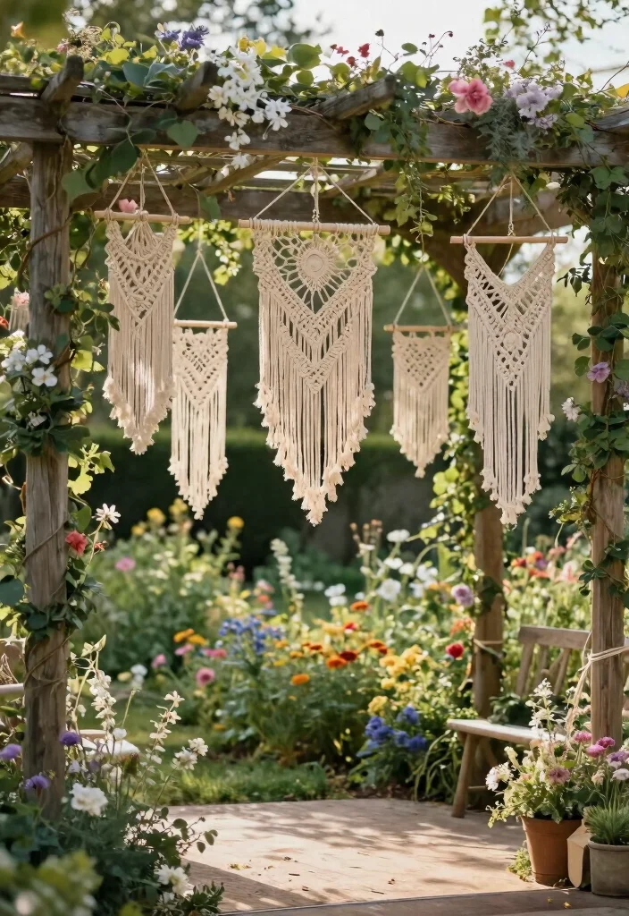 17 Pergola Wedding Decorations Ideas With Romantic Drapes - 11. Whimsical Macramé Hangings 1