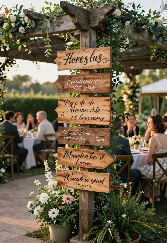 17 Pergola Wedding Decorations Ideas With Romantic Drapes - 12. Personalized Signage 1