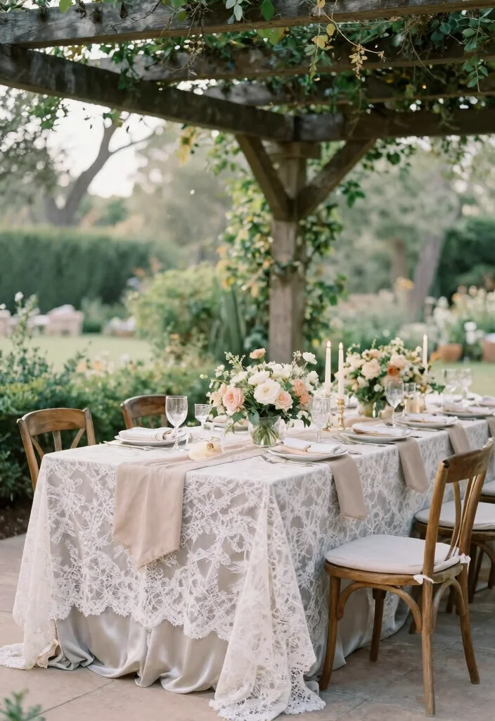 17 Pergola Wedding Decorations Ideas With Romantic Drapes - 13. Elegant Table Linens 1