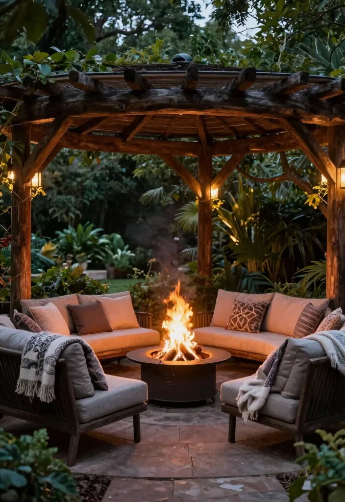 17 Pergola Wedding Decorations Ideas With Romantic Drapes - 15. Cozy Fire Pit Area 1
