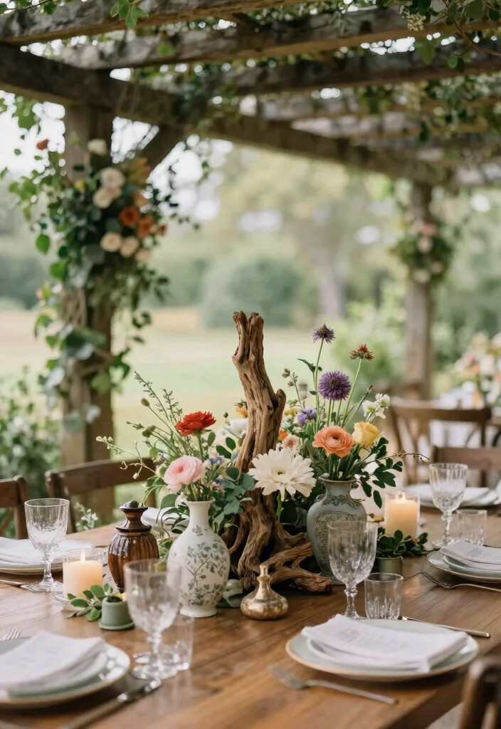 17 Pergola Wedding Decorations Ideas With Romantic Drapes - 16. Artistic Centerpieces 1