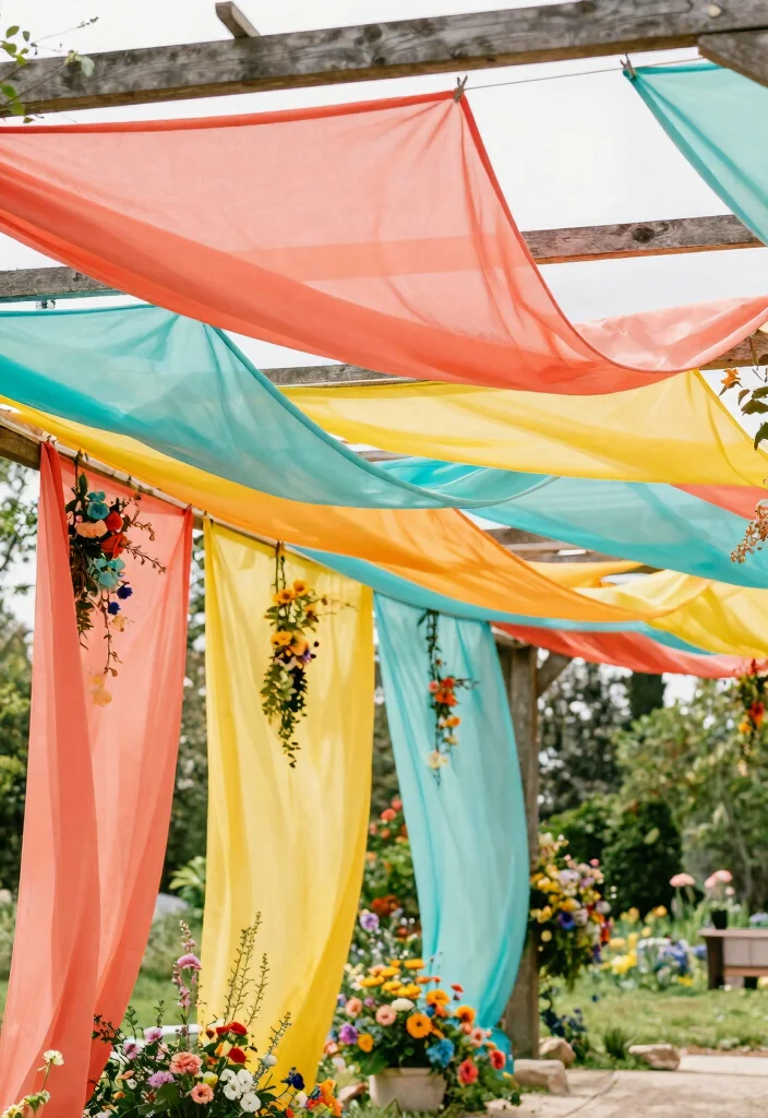 17 Pergola Wedding Decorations Ideas With Romantic Drapes - 2. Colorful Fabric Panels 1