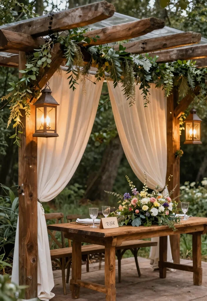 17 Pergola Wedding Decorations Ideas With Romantic Drapes - 4. Rustic Wood Accents 1
