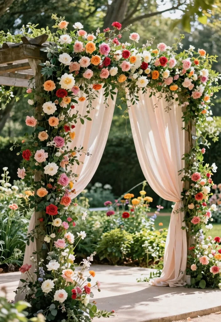 17 Pergola Wedding Decorations Ideas With Romantic Drapes - 5. Lush Floral Draping 1