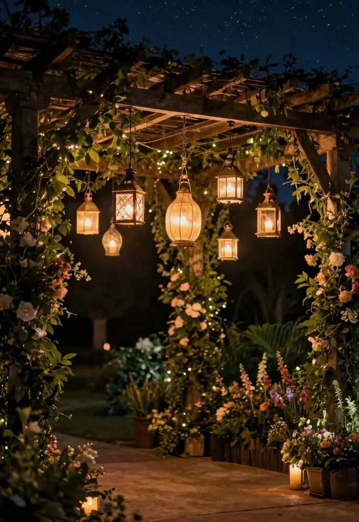 17 Pergola Wedding Decorations Ideas With Romantic Drapes - 6. Dreamy Hanging Lanterns 1