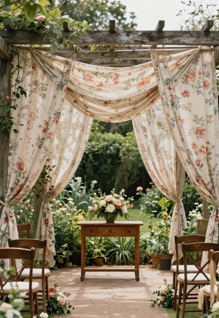 17 Pergola Wedding Decorations Ideas With Romantic Drapes - 7. Vintage Fabric Swags 1