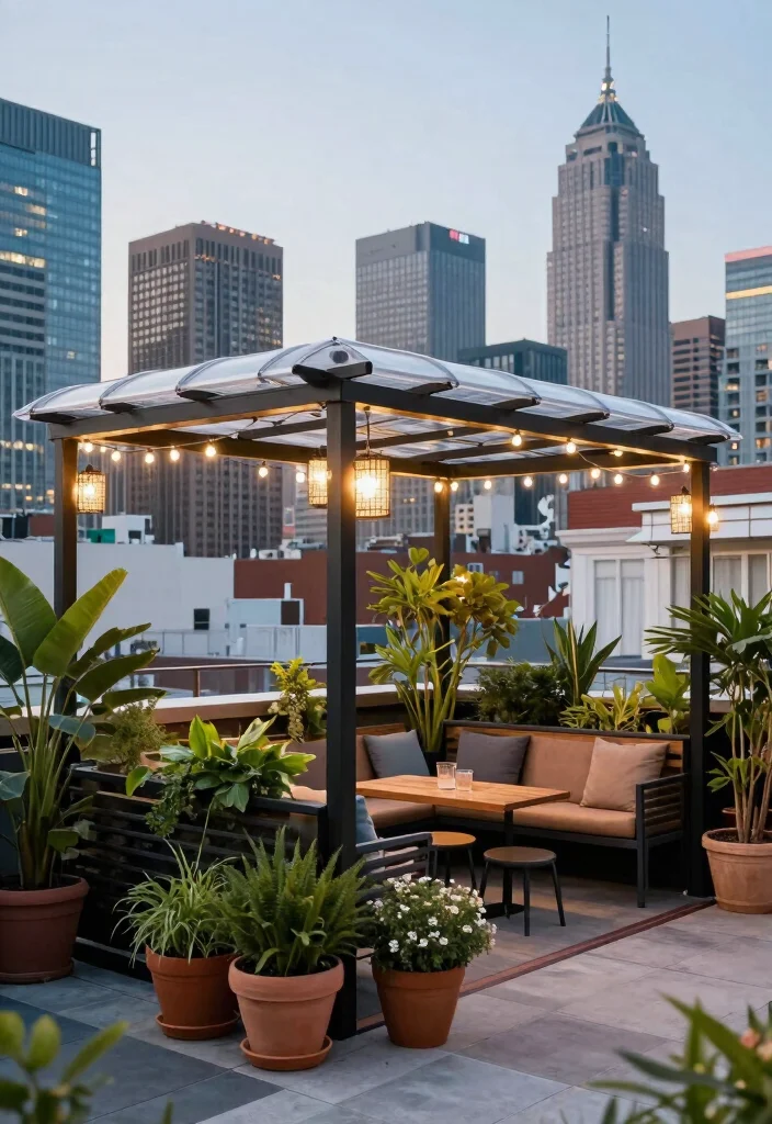 17 Pergola With Polycarbonate Roof Ideas for Durable Shade 10 17 Pergola With Polycarbonate Roof Ideas for Durable Shade - 10. Urban Rooftop Pergola 1