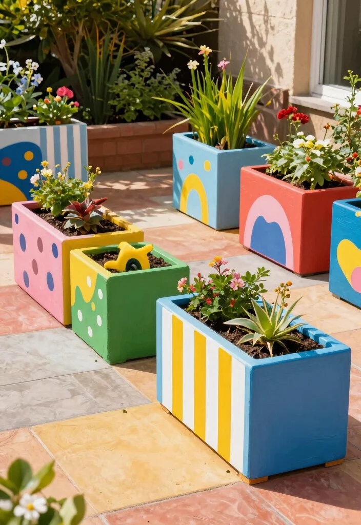 17 Rectangular Planter Box Ideas With Clean Lines - 7. Whimsical Painted Planters 1
