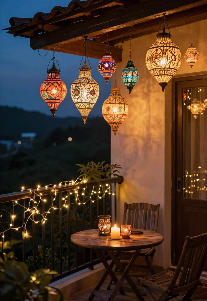 17 Small Balcony Decor 2026 Trending Ideas That Feel Cozy & Chic - 10. Bohemian Lanterns and Lights 1