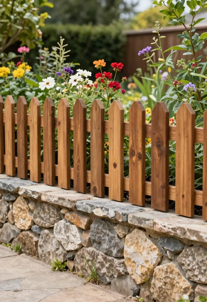 18 Garden Fence Design Ideas That Elevate Your Yard - 18. Artful Stone and Wood Combinations 1