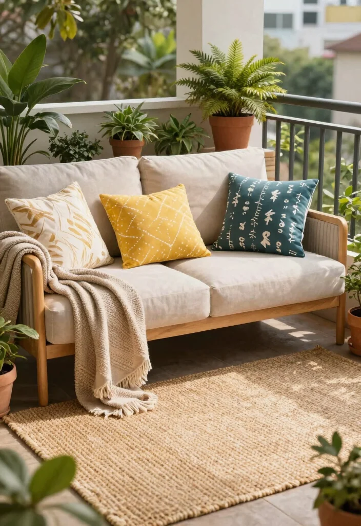 18 Home Balcony Design Ideas With Modern Touch - 2. Cozy Textiles for Comfort 1