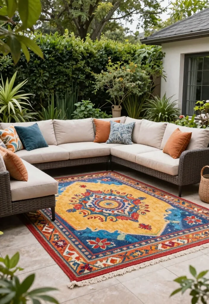 18 Outdoor Terrace Furniture Ideas With Modern Comfort - 14. Outdoor Rugs 1