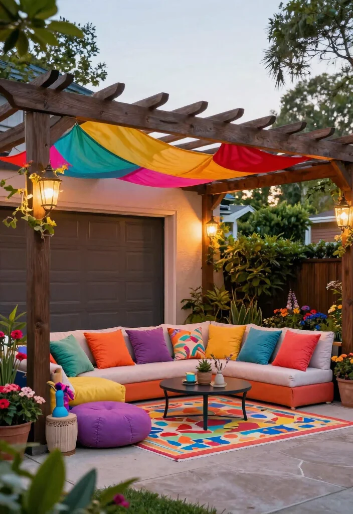 18 Pergola Over Garage Ideas With Functional Style 12 18 Pergola Over Garage Ideas With Functional Style - 12. Colorful Canvas Pergola 1