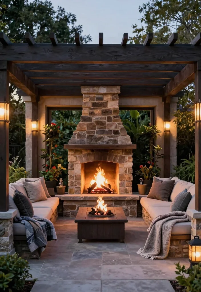 18 Pergola Over Garage Ideas With Functional Style 13 18 Pergola Over Garage Ideas With Functional Style - 13. Pergola with Outdoor Fireplace 1