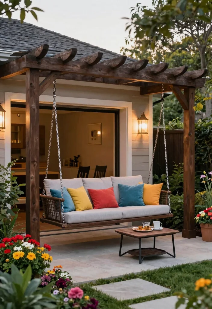 18 Pergola Over Garage Ideas With Functional Style 15 18 Pergola Over Garage Ideas With Functional Style - 15. Pergola with Swing Seats 1