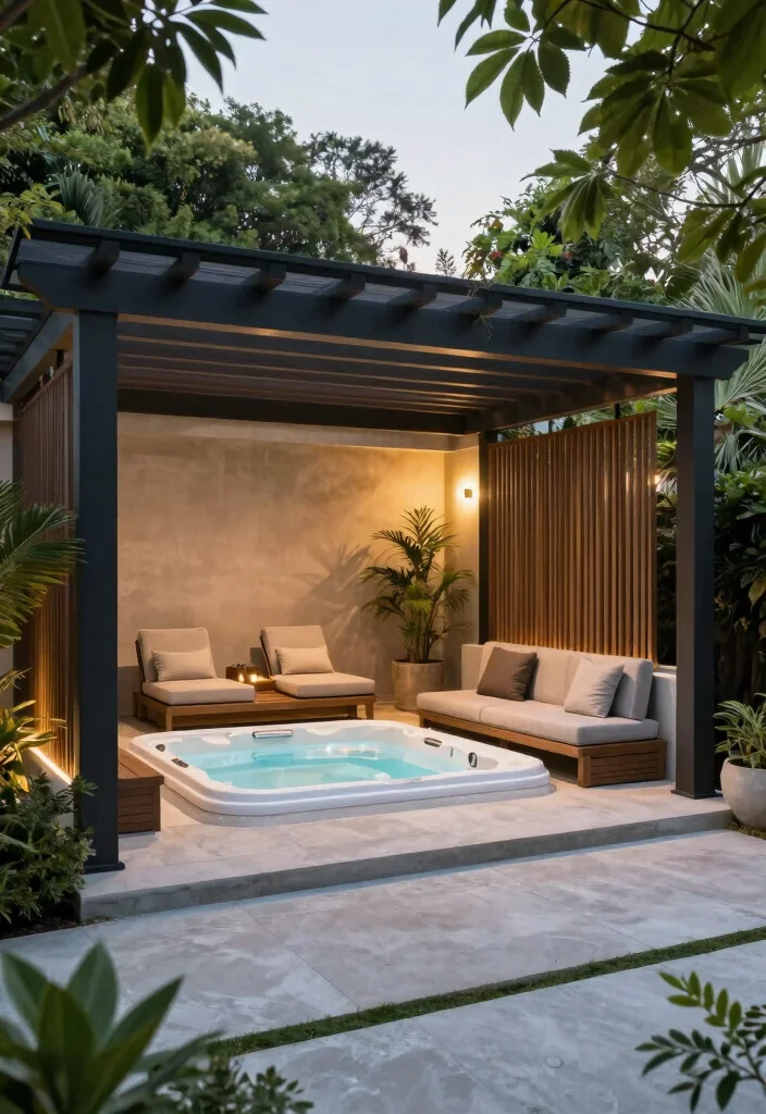 18 Pergola Over Garage Ideas With Functional Style 18 18 Pergola Over Garage Ideas With Functional Style - 18. Modern Pergola with Hot Tub 1