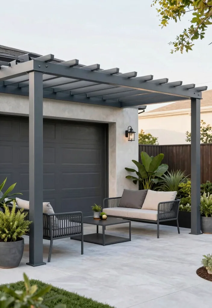 18 Pergola Over Garage Ideas With Functional Style 2 18 Pergola Over Garage Ideas With Functional Style - 2. Contemporary Metal Pergola 1