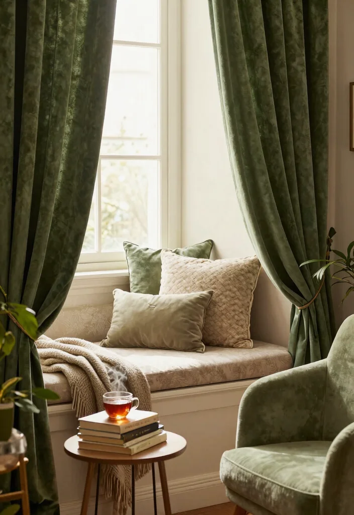 12 Green Velvet Curtain Ideas That Add Drama Without Overwhelming - 4. Cozy Nook 1