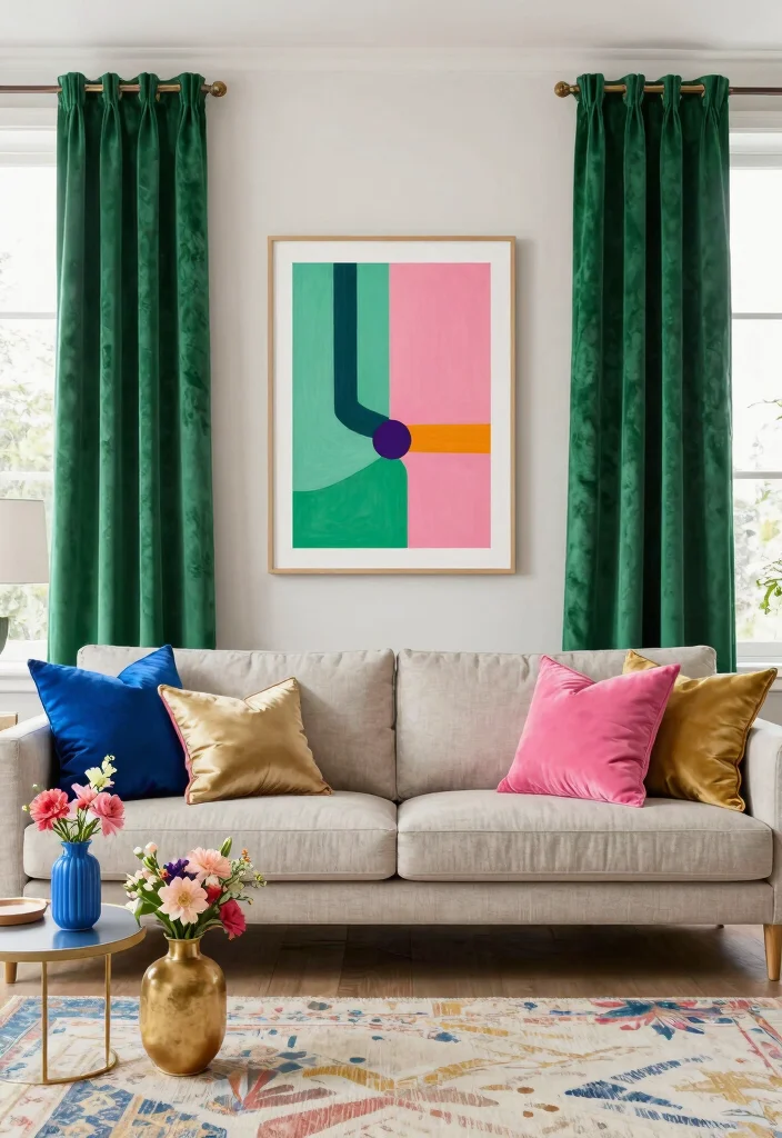12 Green Velvet Curtain Ideas That Add Drama Without Overwhelming - 5. Colorful Accents 1
