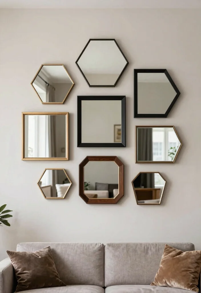 12 Living Room Wall Mirrors That Make Dark Rooms Brighter - 3. Geometric Wall Mirror Set 1