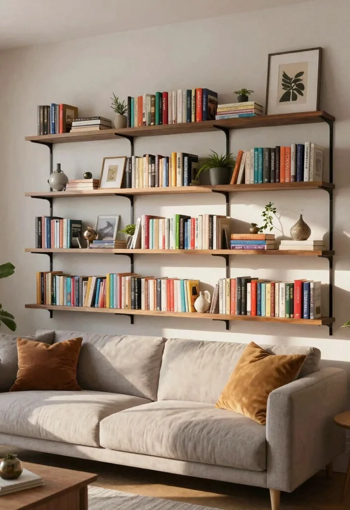 14 Behind Couch Wall Decor Ideas That Fill the Gap Without Clutter - 10. Wall-mounted Bookshelves 1