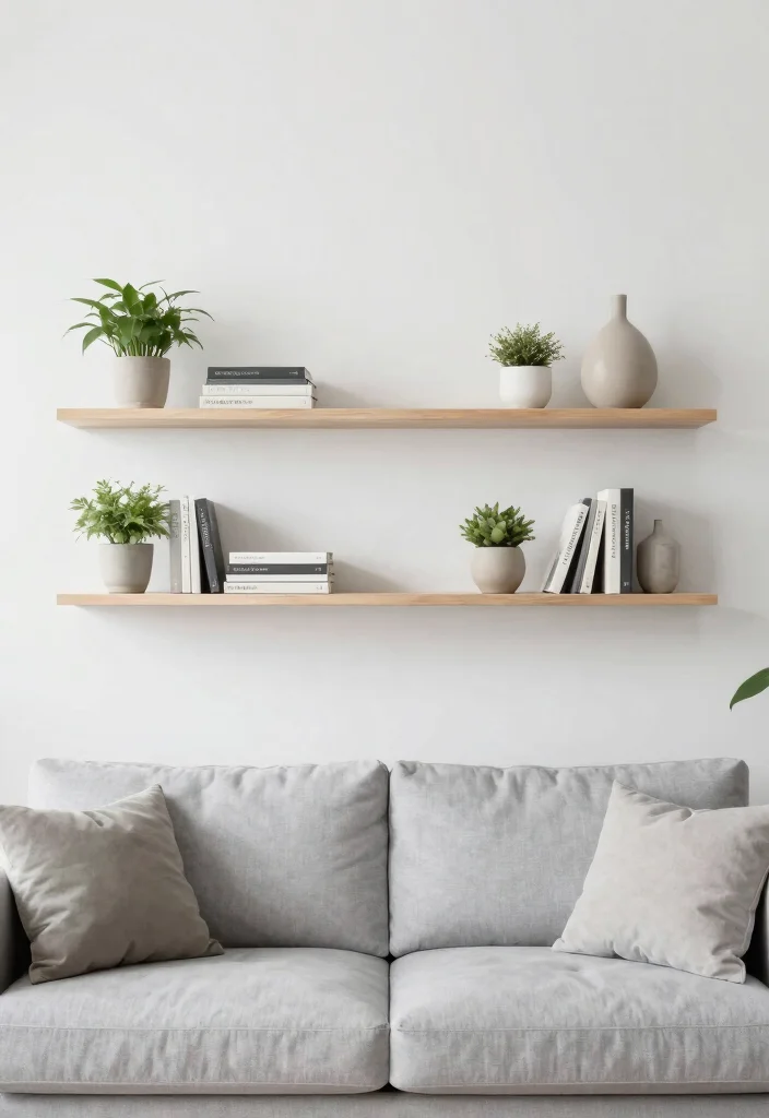 14 Behind Couch Wall Decor Ideas That Fill the Gap Without Clutter - 3. Minimalist Floating Shelves 1