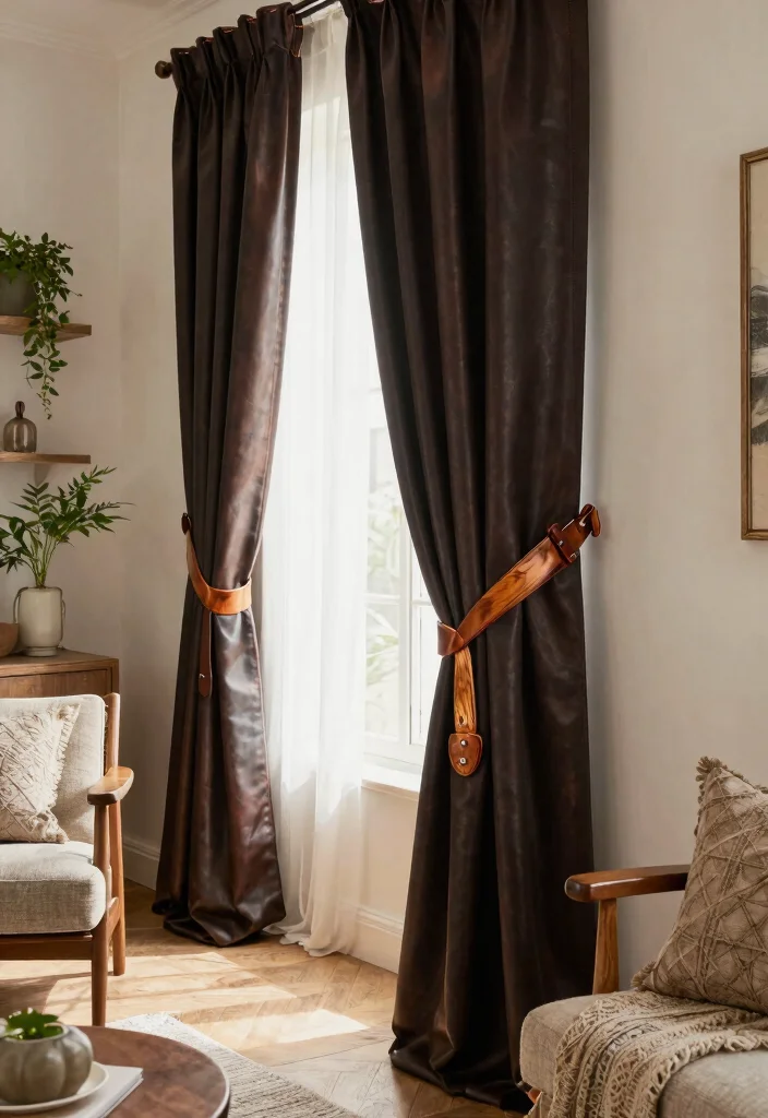 14 Curtain Tieback Ideas That Hold Heavy Drapes Without Sagging - 11. Leather and Wood Combo Tiebacks 1