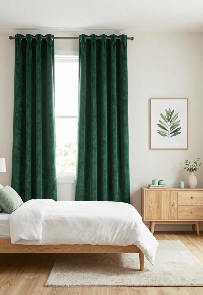 14 Green Velvet Curtains Bedroom Ideas That Feel Cozy Not Dark - 1. Bold Contrast with Light Walls 1