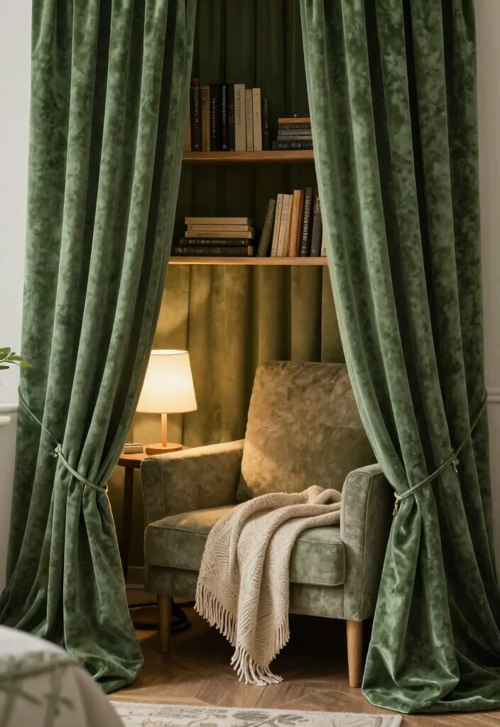 14 Green Velvet Curtains Bedroom Ideas That Feel Cozy Not Dark - 13. Cozy Reading Nook with Velvet Touches 1
