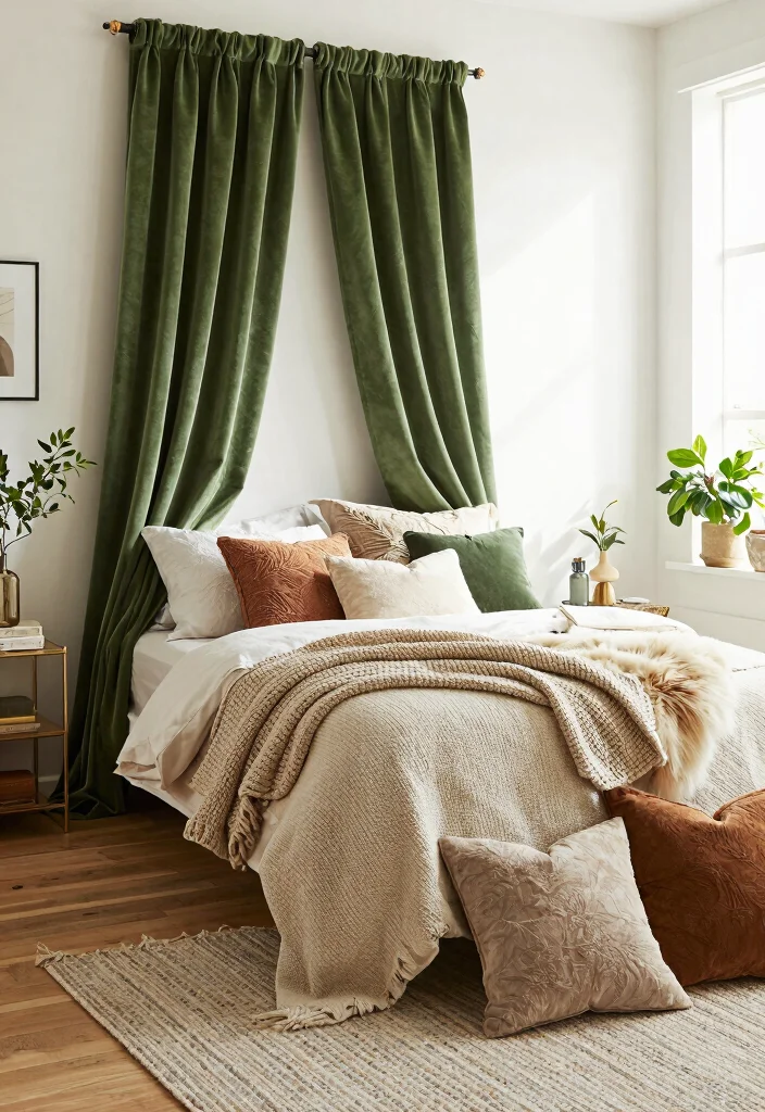 14 Green Velvet Curtains Bedroom Ideas That Feel Cozy Not Dark - 2. Layering Textures for Depth 1