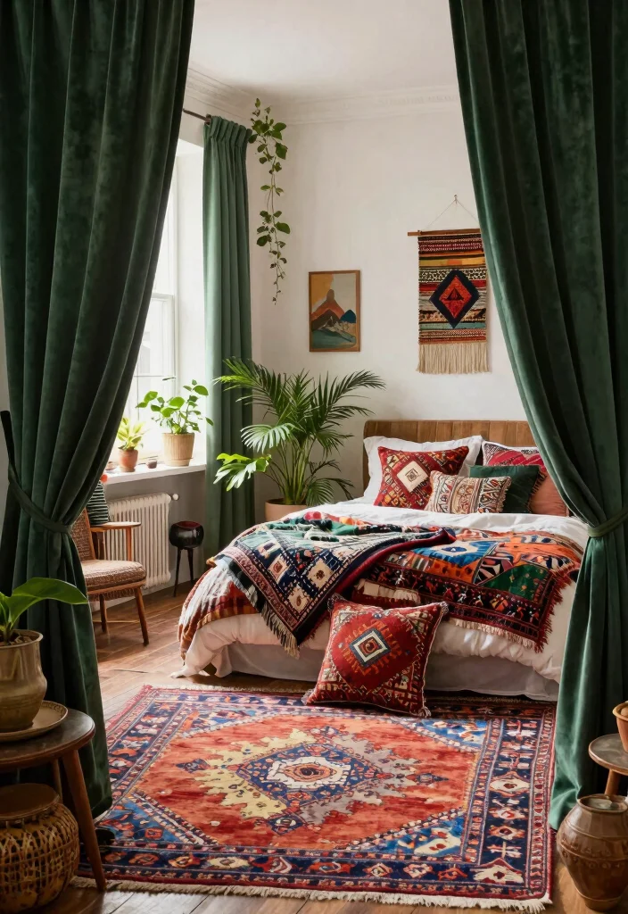 14 Green Velvet Curtains Bedroom Ideas That Feel Cozy Not Dark - 3. Green Velvet with Bohemian Accents 1