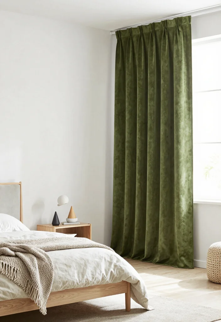 14 Green Velvet Curtains Bedroom Ideas That Feel Cozy Not Dark - 7. Scandinavian Minimalism with Velvet Touches 1