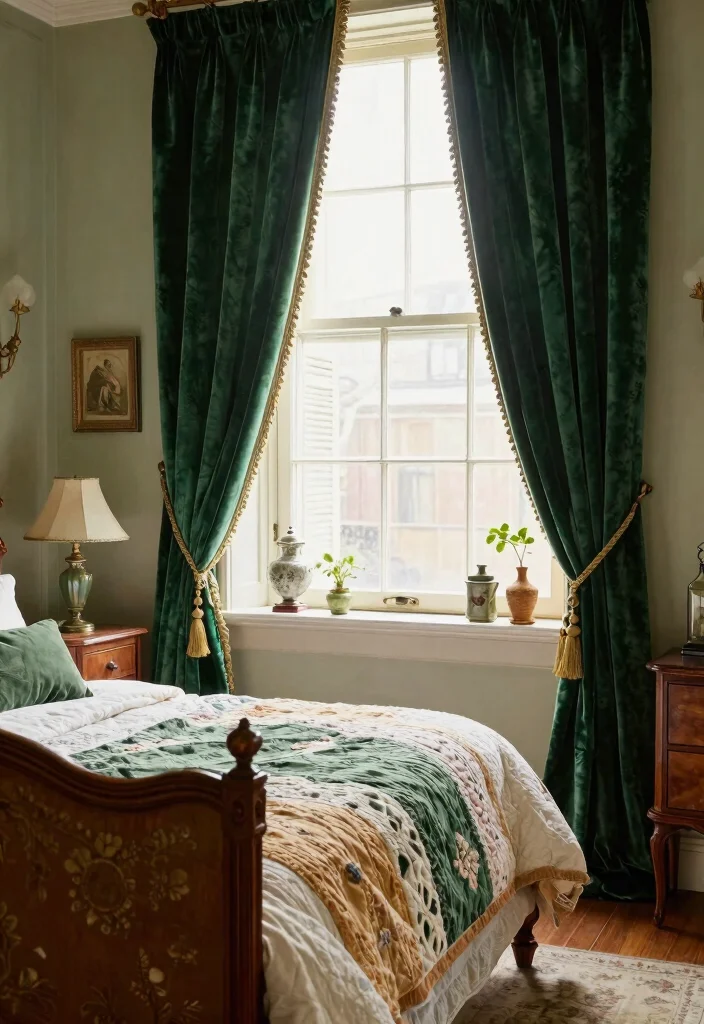 14 Green Velvet Curtains Bedroom Ideas That Feel Cozy Not Dark - 8. Vintage Charm with Velvet Elegance 1