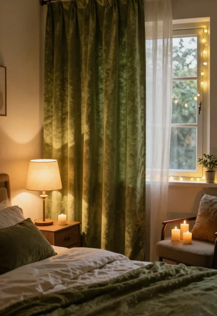 14 Green Velvet Curtains Bedroom Ideas That Feel Cozy Not Dark - 9. Soft Lighting for Cozy Ambiance 1