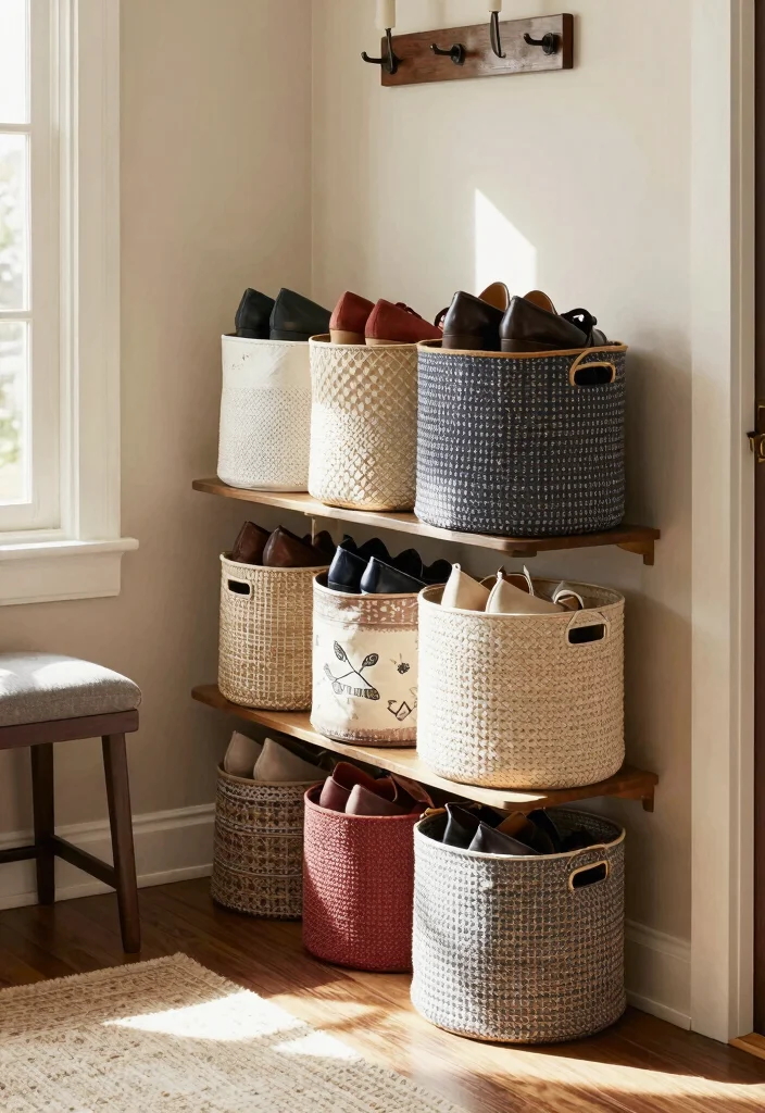 14 Shoe Shelf Ideas That Fit in Narrow Closets and Entryways - 14. Decorative Shoe Storage Baskets 1