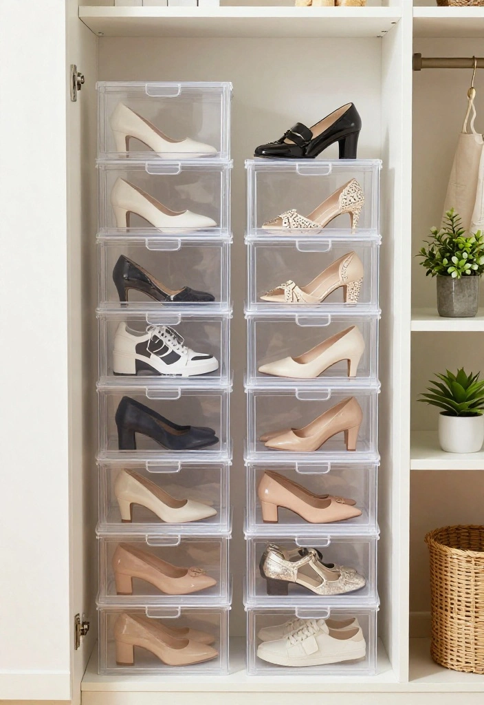 14 Shoe Shelf Ideas That Fit in Narrow Closets and Entryways - 5. Clear Storage Boxes 1