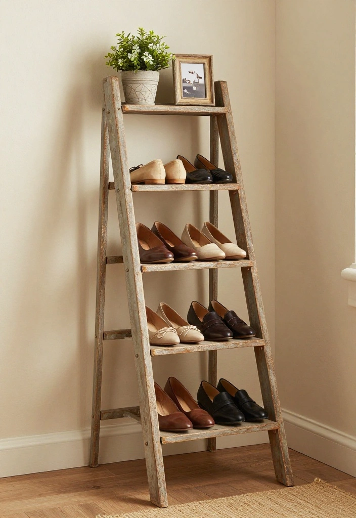 14 Shoe Shelf Ideas That Fit in Narrow Closets and Entryways - 9. Vintage Ladder Shoe Rack 1