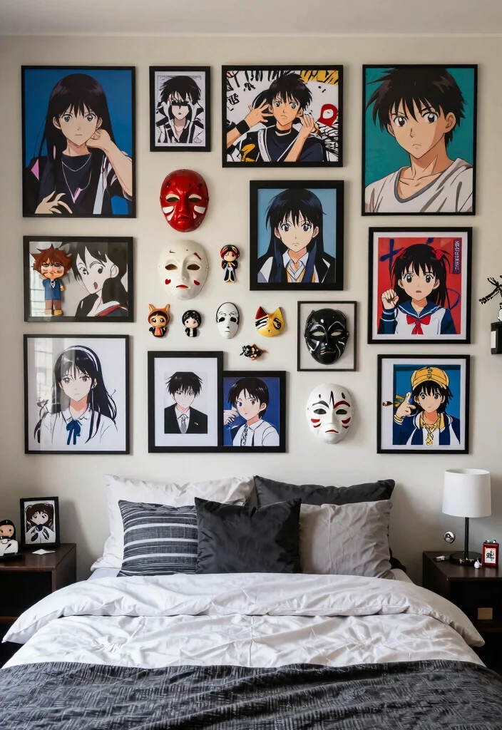 15 Anime Wall Art Bedroom Ideas for True Fans of the Genre - 15. Layered Art Displays 1