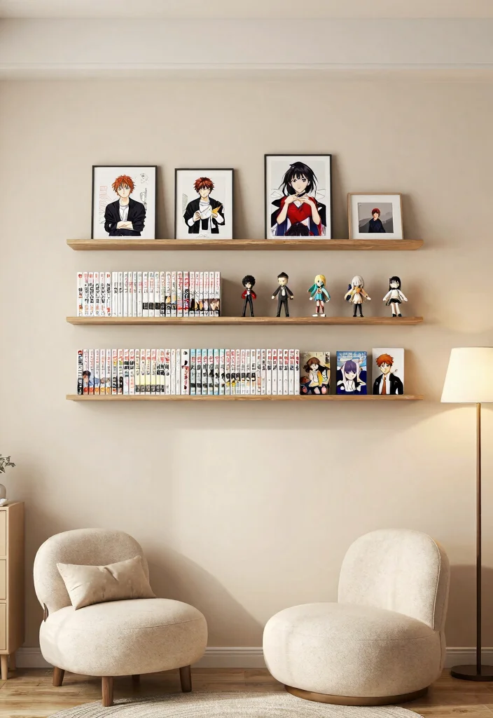 15 Anime Wall Art Bedroom Ideas for True Fans of the Genre - 4. Floating Shelves with Anime Decor 1