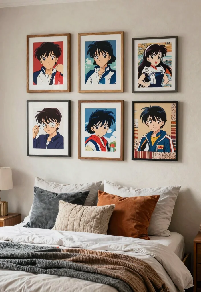 15 Anime Wall Art Bedroom Ideas for True Fans of the Genre - 7. Mix of Textures with Framed Art 1