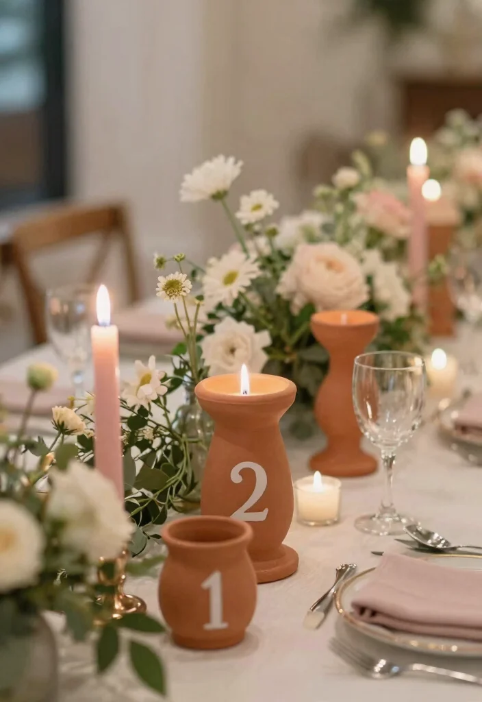 15 Terracotta Candle Holder Ideas That Add Warmth to Any Room - 7. Terracotta Candle Holder as Table Numbers 1