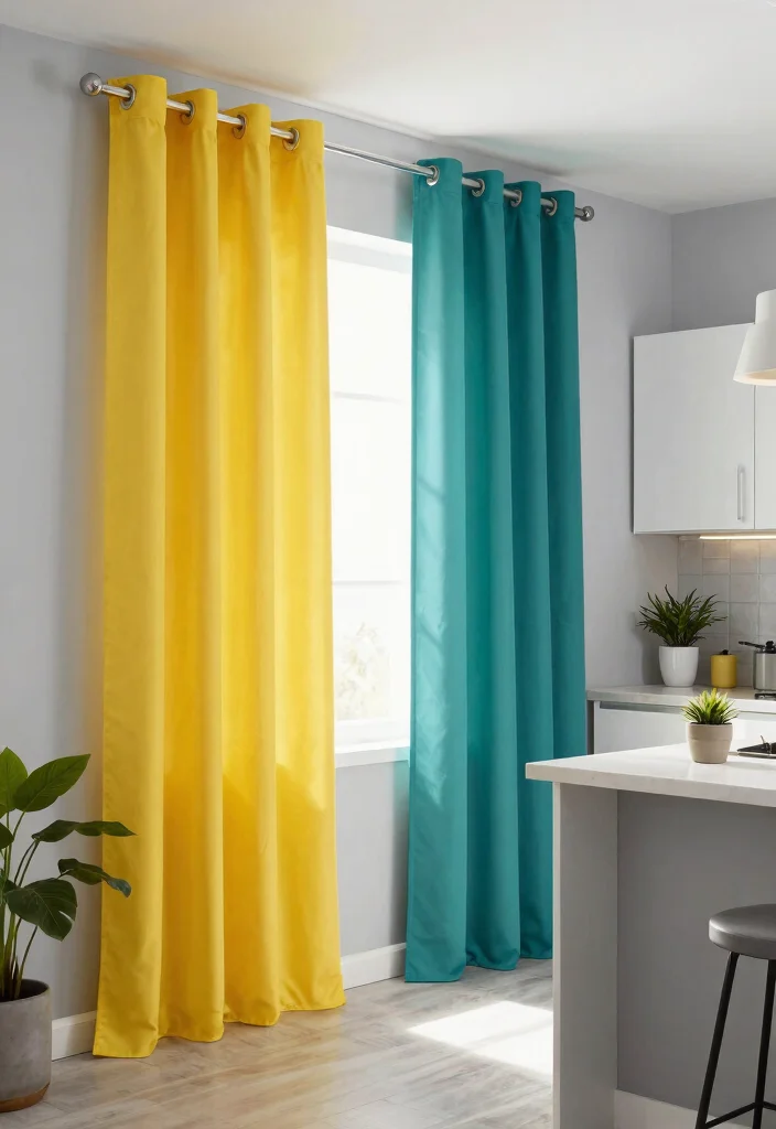 18 Kitchen Curtains Ideas That Handle Grease and Moisture - 15. Bold Color Block Curtains 1