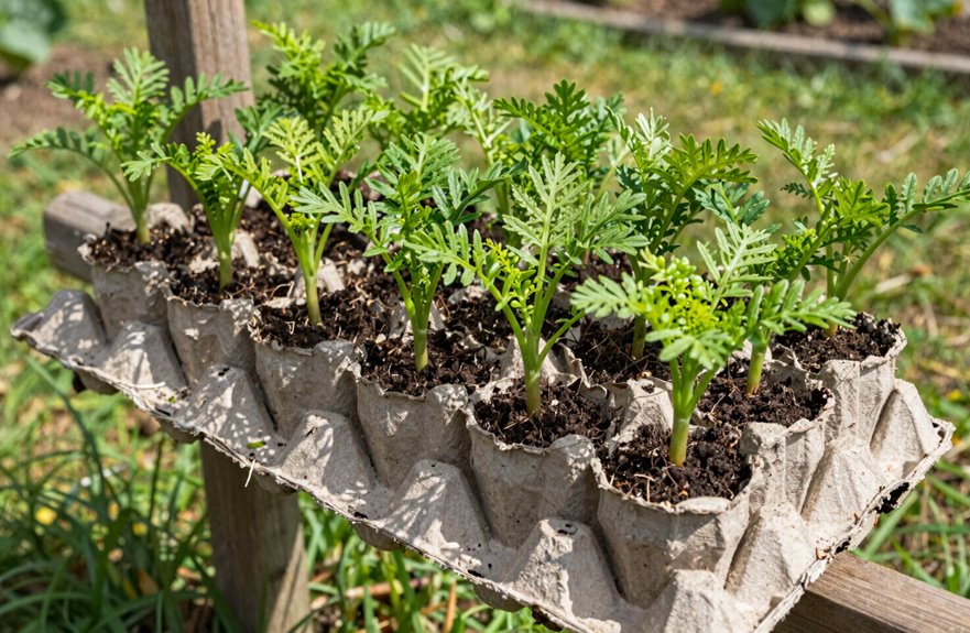 Why Hang Egg Cartons in Your Yard? 4 egg carton carrot transplants with mulch