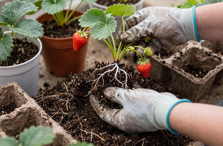 How to Transplant Your Strawberry Plants in 6 Steps 4 rooted sections white roots secured
