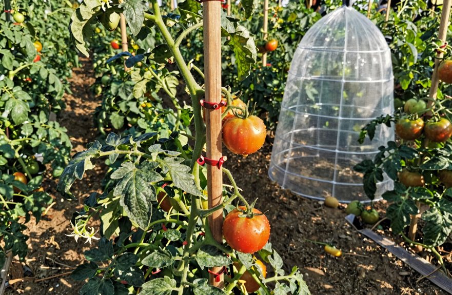 staked tomatoes visible hornworms removed
