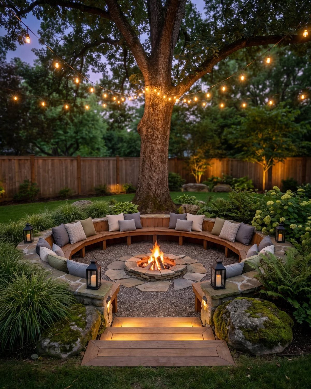 A circular wooden bench surrounds a stone fire pit with a glowing fire in a backyard.