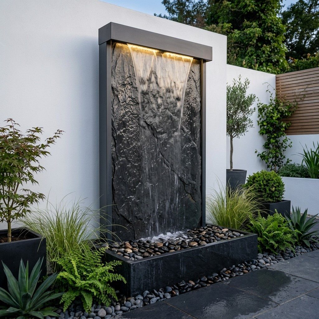 A modern black stone water feature wall with cascading water flowing into a pebble basin.